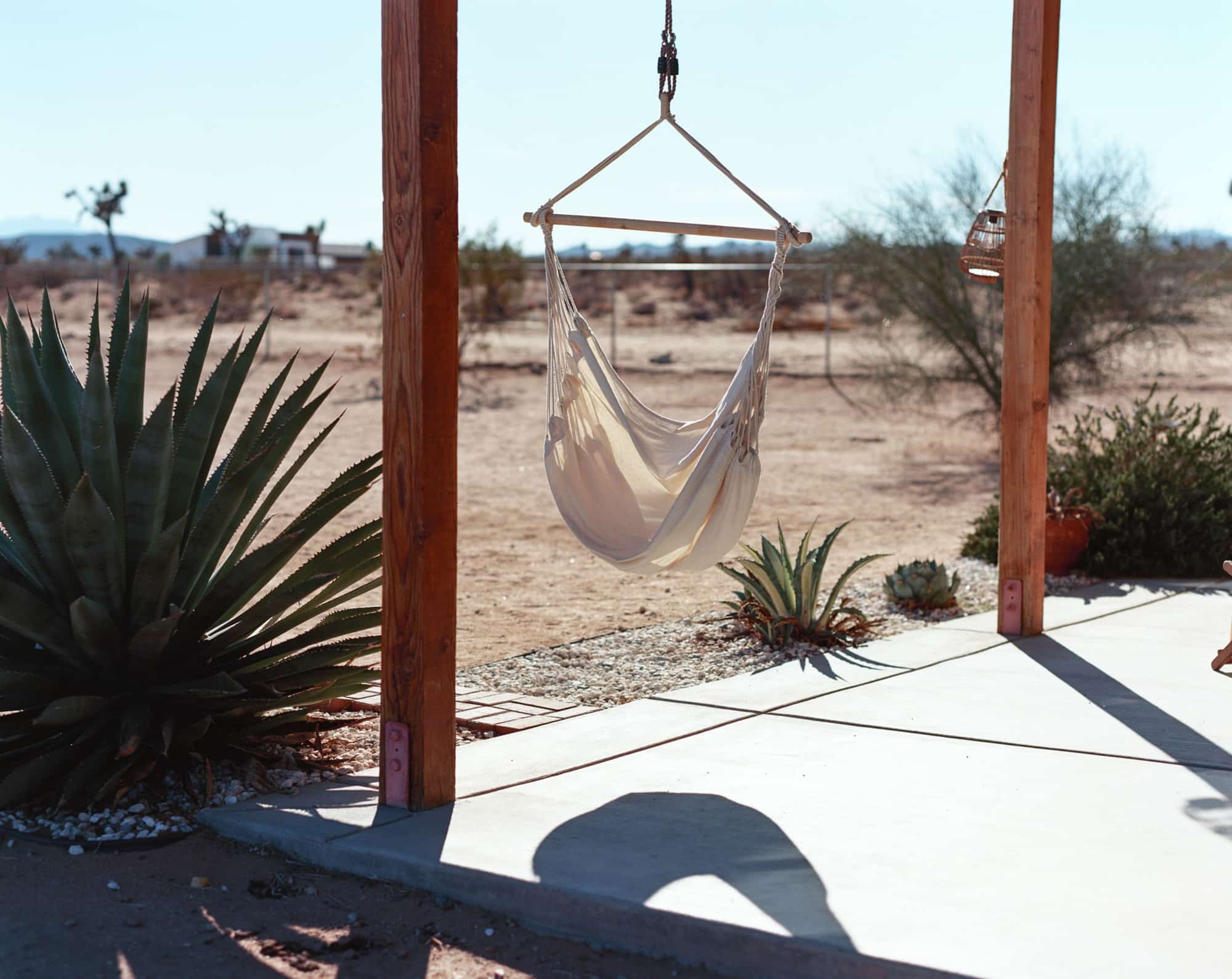 An empty hammock hanging in a quiet sunlit backyard