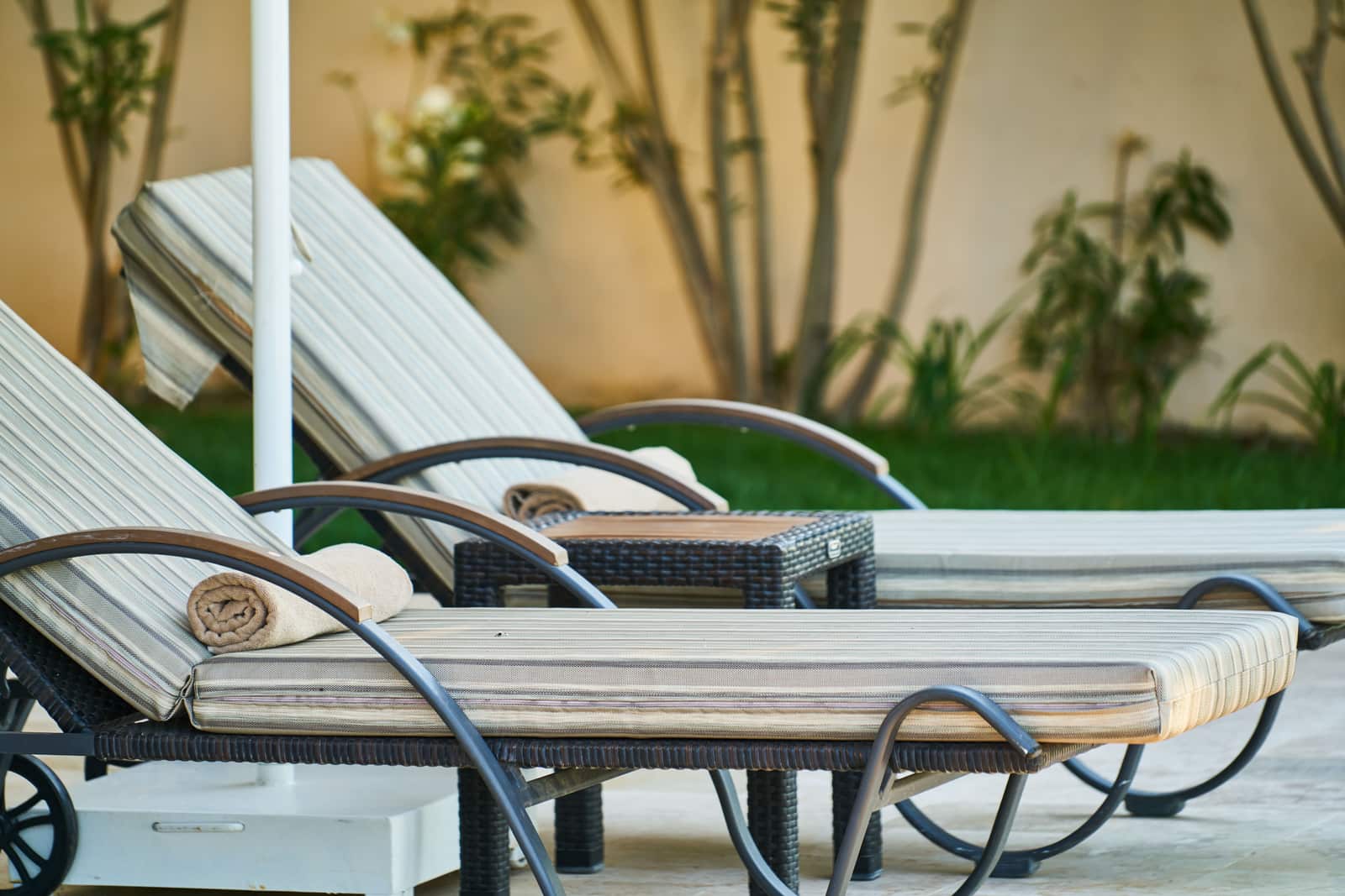 Outdoor furniture weathering on a sunlit patio